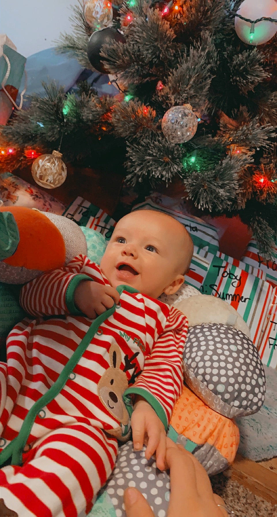 Keenan is registered to the contest to win money with this photo: baby, baby_toddler_clothing, cheek, child, christmas, christmas_decoration, christmas_ornament, christmas_tree, event, evergreen, facial_expression, grass, happy, holiday, holiday_ornament, ornament, person, plant, toddler, tree