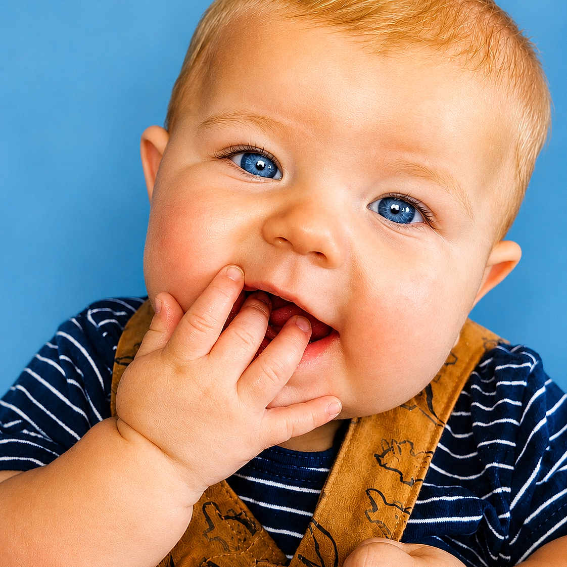 River is registered to the contest to win money with this photo: baby, child, blue_eyes, blond_hair, overalls, striped_shirt, hand_in_mouth, closeup, portrait, cute, chubby_cheeks, infant, smiling, happy, blue_background, skin, person, young_child, face, expression