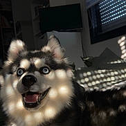 Vegass a rejoint le concours — aidez-le/la à gagner de superbes lots ! black_and_white, blue_eyes, close_up, couch, dog, fluffy, fur, happy, husky, indoor, living_room, open_mouth, pet, portrait, shadows, siberian_husky, smiling, sunlight, television, window