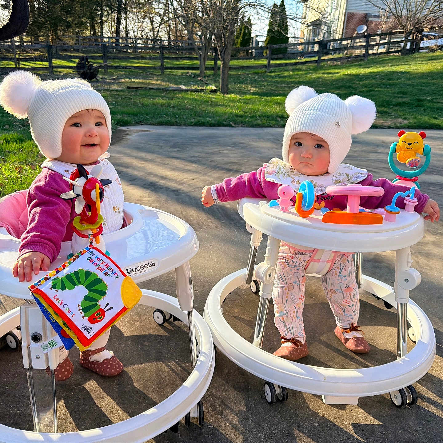 Skylie And Selina joined the competition — help win amazing prizes! baby, babies, walker, outdoor, sunny, grass, toy, hats, pom_pom, smiling, serious, concrete, trees, playtime, child, colorful, book, footwear, cute, nature