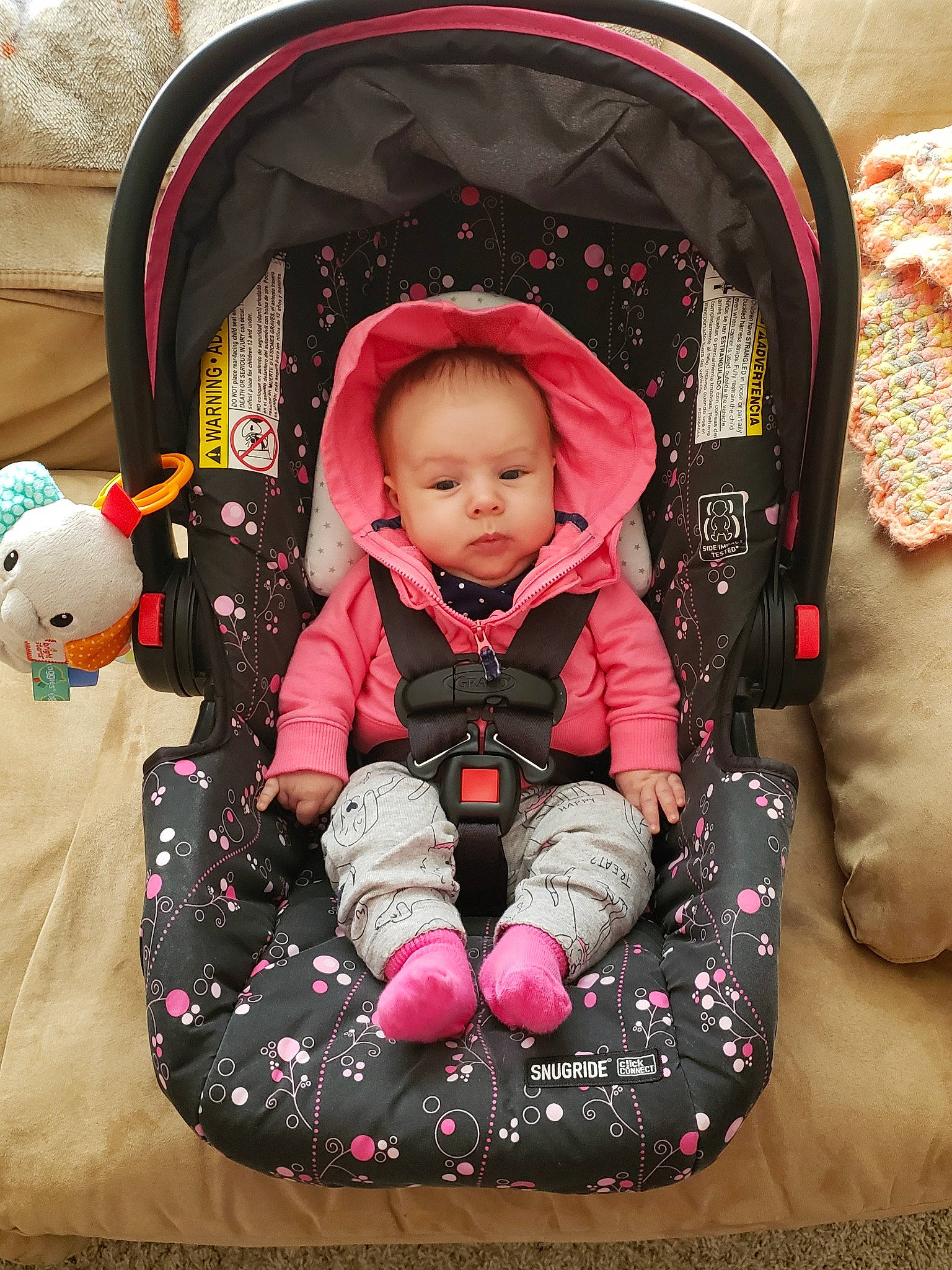 Jackie joined the competition — help win amazing prizes! baby, baby_carriage, baby_in_car_seat, baby_products, car_seat, child, comfort, person, pink, product, toddler