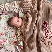 Scarlett is registered to the contest to win money with this photo: baby, bedding, blanket, close_up, clothing, cozy, embroidered_text, face, floral, indoors, infant, newborn, nursery, peaceful, photography, pink, portrait, relaxed, sleeping, swaddle