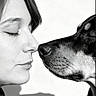 black_and_white, woman, dog, close_up, portrait, face, nose, shadow, love, affection, pet, animal, human, collar, heart_shaped_pendant, calm, intimate, profile, still_life, monochrome