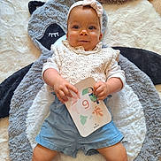 Aria participe au concours pour gagner de l'argent avec cette photo : baby, child, headband, knitted_clothing, blue_shorts, plush_mat, animal_mat, card, indoor, floor, cute, smiling, person, infant, soft_texture, lying_down, handheld_object, decor, happy, portrait