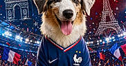 Baika participe au concours pour gagner de l'argent avec cette photo : dog, soccer_ball, sports_jersey, stadium, fans, flags, confetti, celebration, france, eiffel_tower, arc_de_triomphe, happy, tongue_out, animal, pet, team_spirit, competition, outdoor, grass, crowd