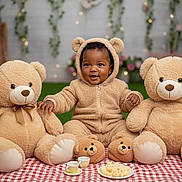Aliana is registered to the contest to win money with this photo: baby, child, teddy_bear, plush_toy, picnic_blanket, green_grass, cute, smiling, onesie, hooded_clothing, indoor, decorative_lights, flowers, playful, sitting, soft_toys, cozy, portrait, happy, infant