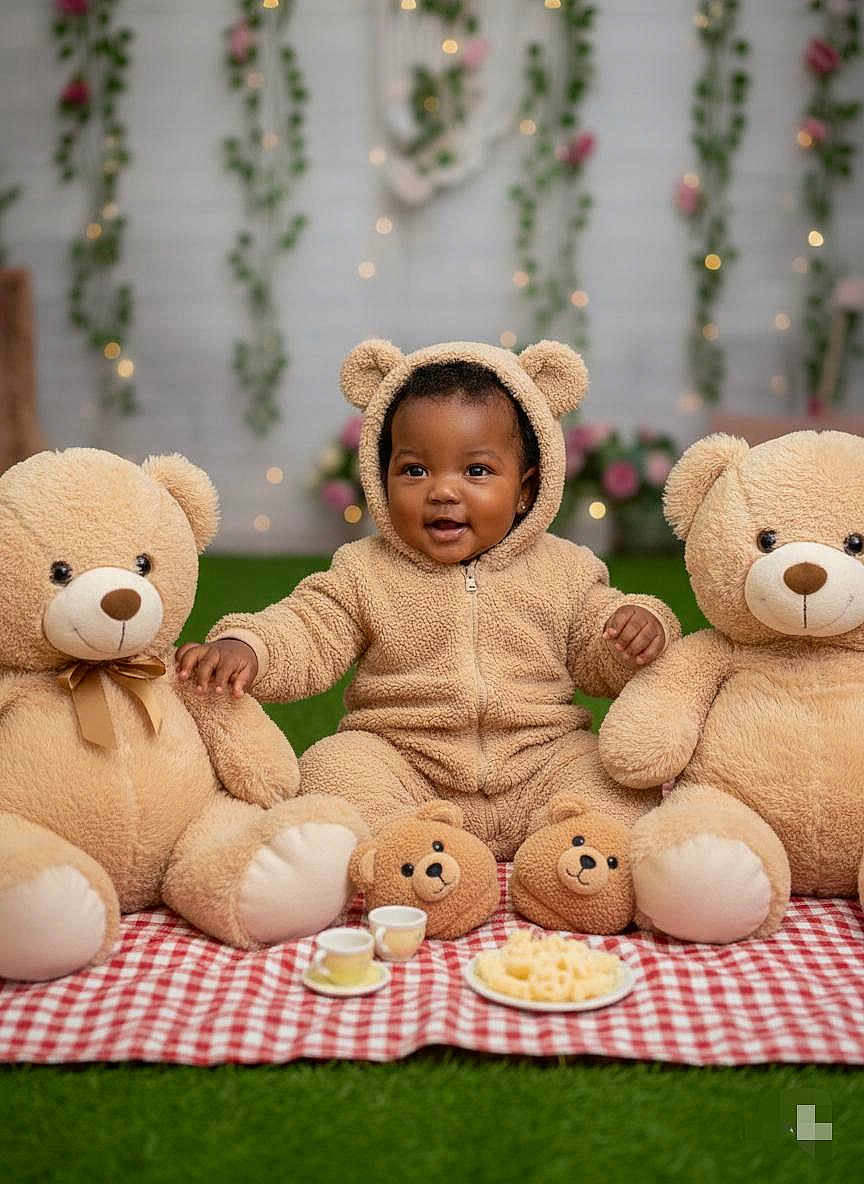 Aliana is registered to the contest to win money with this photo: baby, child, teddy_bear, plush_toy, picnic_blanket, green_grass, cute, smiling, onesie, hooded_clothing, indoor, decorative_lights, flowers, playful, sitting, soft_toys, cozy, portrait, happy, infant