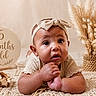 Neziya joined the competition — help win amazing prizes! baby, infant, headband, milestone_sign, 5_months_old, knitted_blanket, neutral_colors, dried_flowers, wooden_toys, cute, portrait, close_up, child, indoors, decor, soft_lighting, expression, baby_clothing, hands, lying_down