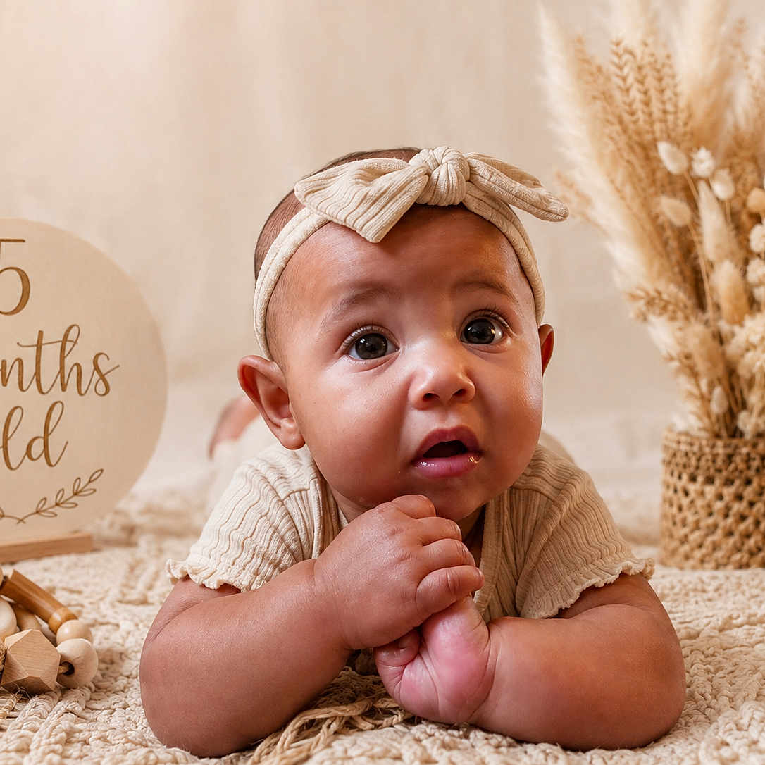 Neziya joined the competition — help win amazing prizes! baby, infant, headband, milestone_sign, 5_months_old, knitted_blanket, neutral_colors, dried_flowers, wooden_toys, cute, portrait, close_up, child, indoors, decor, soft_lighting, expression, baby_clothing, hands, lying_down