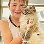 boy, child, smiling, cat, fluffy_cat, indoor, portrait, necklace, white_shirt, pet, blue_eyes, heart_tag, light_skin, short_hair, holding, happy, cute, affection, domestic_animal, closeup