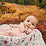 baby, infant, blanket, pink_clothing, outdoor, autumn, foliage, stream, nature, grass, portrait, face, lying_down, peaceful, scenery, young_child, cute, soft_texture, seasonal, relaxation