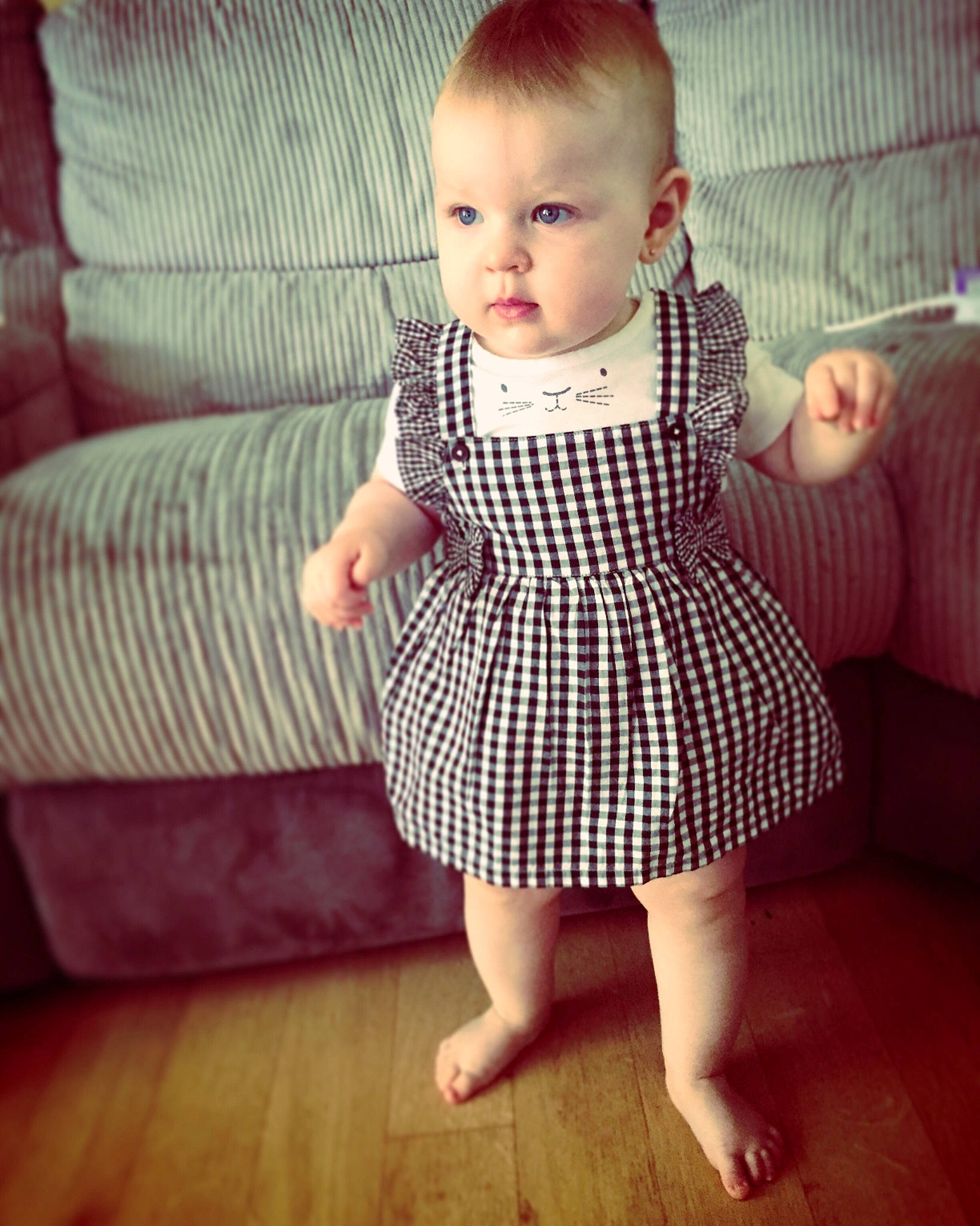 Evie-mae is registered to the contest to win money with this photo: baby, beauty, cheek, child, clothing, design, dress, eye, face, head, leg, pattern, people, person, pink, sitting, skin, smile, standing, toddler