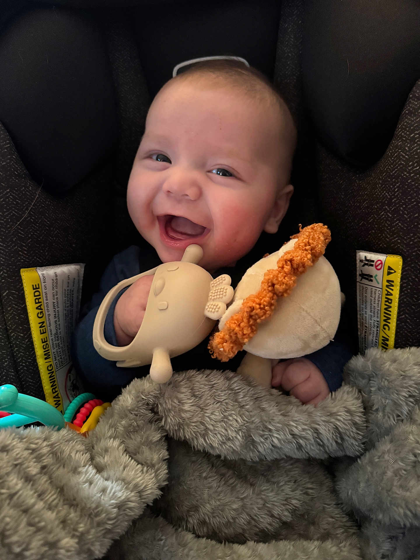Lincoln is registered to the contest to win money with this photo: baby, infant, smiling, car_seat, blanket, plush_toy, teether, stuffed_animal, happy, portrait, closeup, hand, clothing, rosy_cheeks, buckle, headrest, soft_toy, cozy, plaything, seat_label