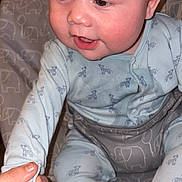 Joshua joined the competition — help win amazing prizes! baby, infant, child, pajamas, blue_clothing, hand, holding, seat, cushion, elephant_pattern, zebra_pattern, smile, happy, curious, skin, face, eyes, mouth, fingers, cute