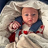baby, infant, blanket, heart_pattern, blue_eyes, face, clothing, seatbelt, pacifier, cushion, cozy, cute, newborn, portrait, indoor, child, warm, soft, baby_clothes, closeup