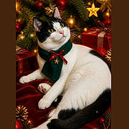 Whiskers joined the competition — help win amazing prizes! animal, black_and_white, cat, christmas_decorations, curious, cute, festive, gift_boxes, gold_star, greenery, holiday, indoor, lights, pet, pine_cones, portrait, red_bow, red_velvet, relaxed, scarf