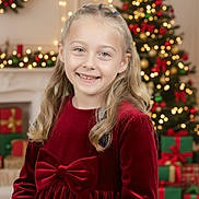 Zeliha is registered to the contest to win money with this photo: background, blonde_hair, bow, celebration, child, christmas_lights, christmas_tree, decorations, festive, festivity, girl, happy, holiday, indoors, portrait, presents, red_dress, seasonal, smiling, young