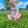 Bobby is registered to the contest to win money with this photo: baby, barefoot, casual_clothing, child, clouds, curious, daytime, field, grass, greenery, nature, outdoor, person, portrait, sitting, sky, summer, sunlight, toddler, tree
