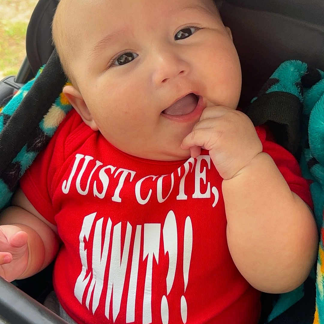 Luka joined the competition — help win amazing prizes! accessories, baby, bodypart, clothing, face, happy, head, homedecor, jewelry, laughing, mouth, necklace, newborn, person, photography, portrait, smile, stroller, t_shirt, teeth