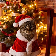 Gremlin participe au concours pour gagner de l'argent avec cette photo : background_blur, bow, cat, christmas, christmas_lights, christmas_tree, cute, decoration, festive, furry, holiday, indoor, ornaments, pet, santa_cloak, santa_hat, seasonal, tabby_cat, tile_floor, warm_lighting