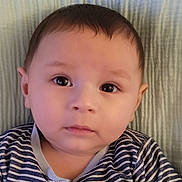 Lucien participe au concours pour gagner de l'argent avec cette photo : baby, infant, face, portrait, closeup, child, striped_clothing, cute, lying_down, soft_skin, young, indoors, blanket, young_child, person, head, expression, calm, baby_girl_or_boy, newborn