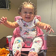 Sanova joined the competition — help win amazing prizes! baby, child, smiling, curly_hair, high_chair, pink, pajamas, minnie_mouse, cheese_puffs, table, can, soda, indoor, window_blind, plant, happy, person, foot, hand, face