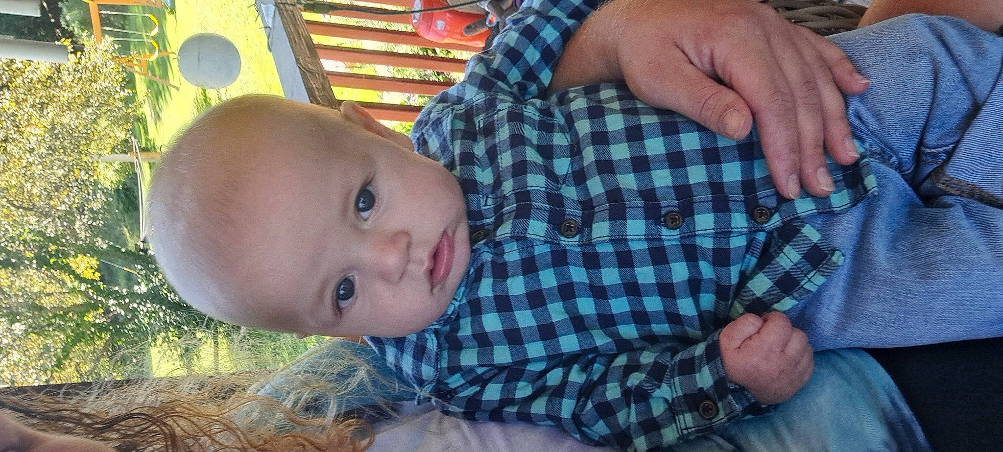 Dennis is registered to the contest to win money with this photo: baby, cheek, child, eye, finger, gesture, grass, hand, happy, head, human_body, iris, nose, person, plaid, plant, skin, smile, tartan, toddler