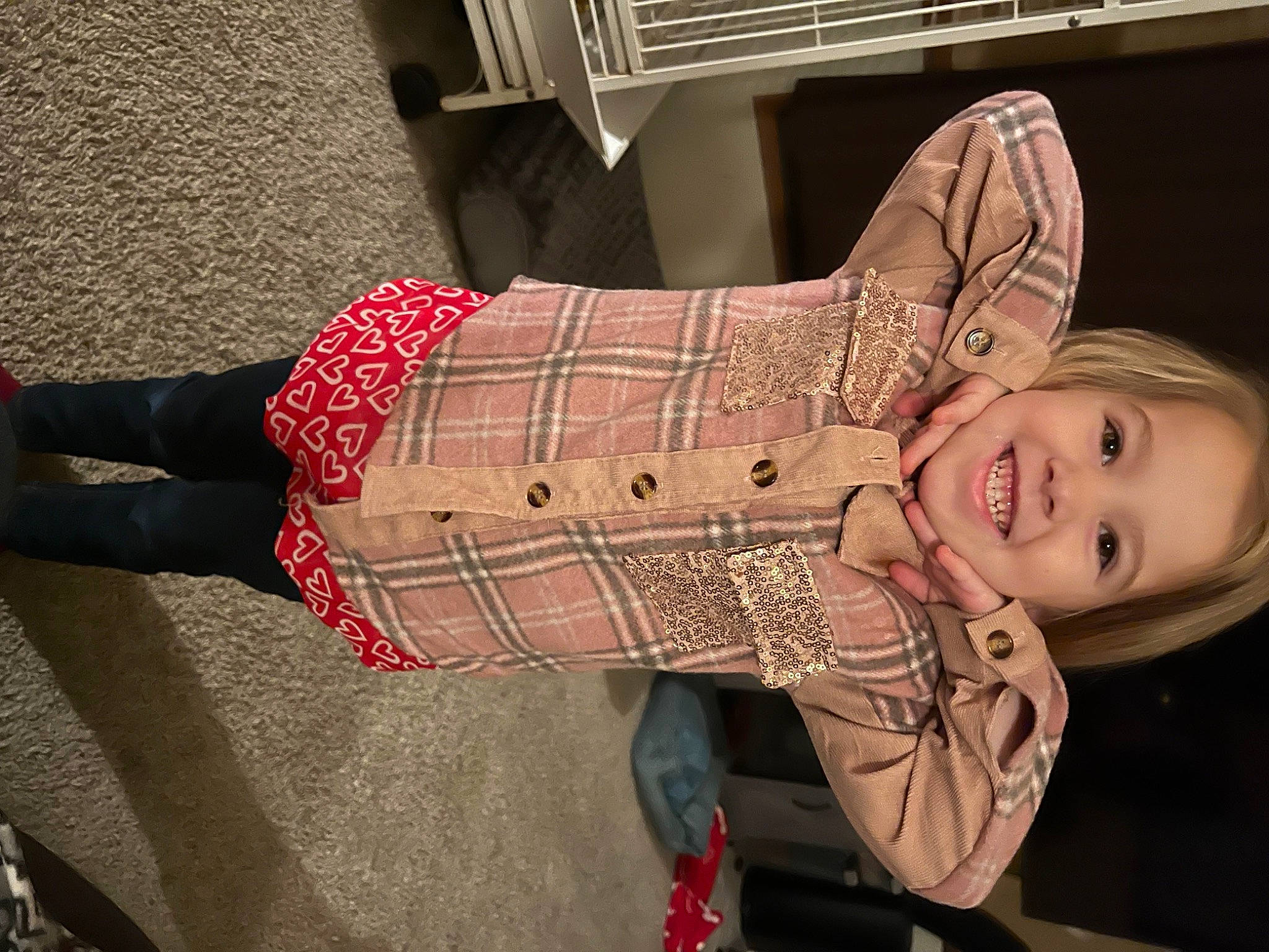 Maddalynn is registered to the contest to win money with this photo: carmine, denim, dress, fashion_accessory, flooring, fun, human_leg, joy, knee, magenta, pattern, person, plaid, sitting, smile, tartan, textile, thigh, trunk, waist