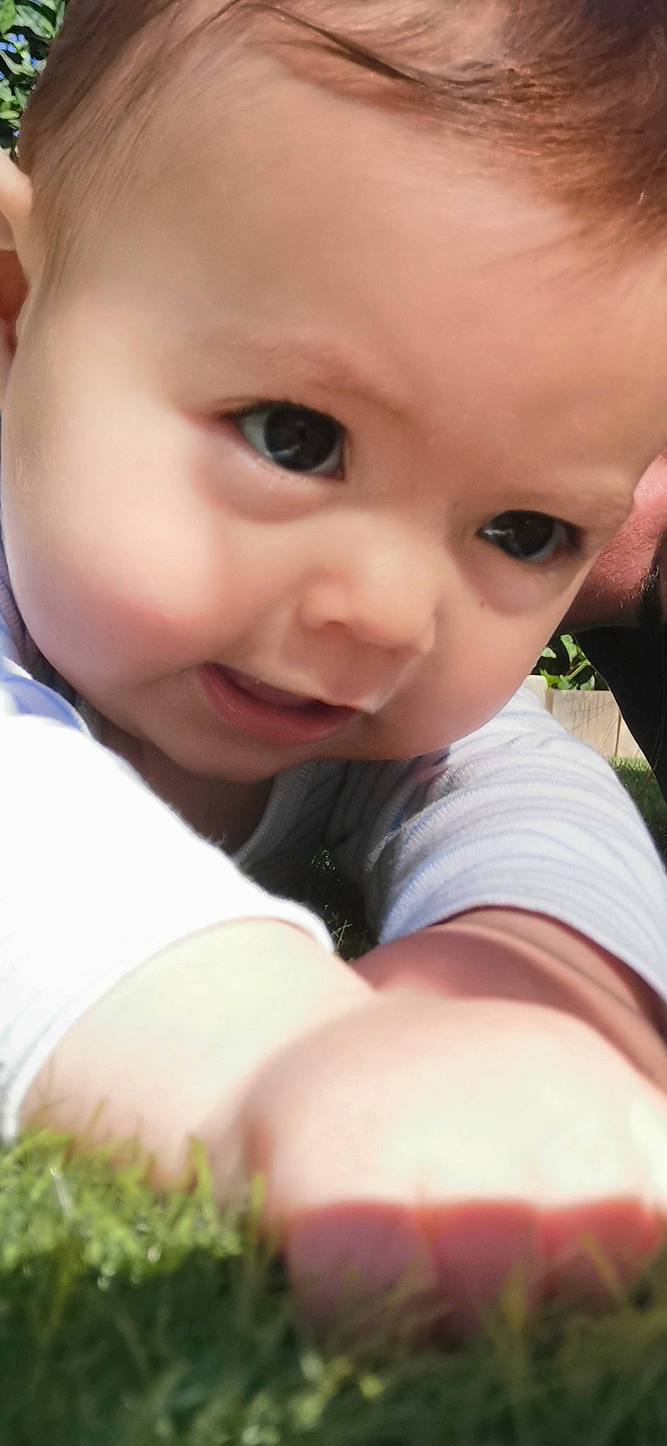 Alec a rejoint le concours — aidez-le/la à gagner de superbes lots ! baby, baby_toddler_clothing, cheek, dress, eye, eyebrow, eyelash, finger, grass, hand, happy, iris, lip, mouth, nose, person, plant, skin, sleeve, thumb