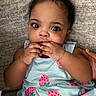 Chloe joined the competition — help win amazing prizes! baby, infant, child, face, hands, fingers, pink_bow, dress, strawberry_pattern, blue_dress, lying_down, blanket, texture, curious, wide_eyes, cute, portrait, indoors, closeup, skin