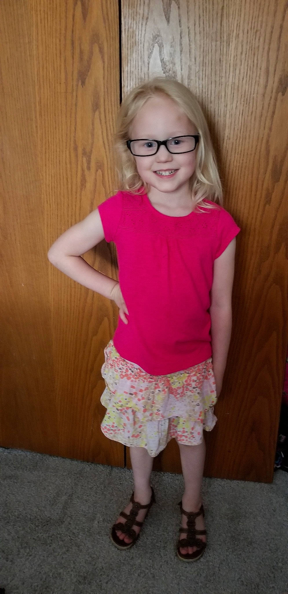 Frankie joined the competition — help win amazing prizes! child, clothing, dress, glasses, joy, magenta, pattern, person, pink, smile, standing, toddler
