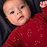 Evelynn is registered to the contest to win money with this photo: baby, infant, child, portrait, close_up, lying_down, red_onesie, star_pattern, dark_blanket, face, eyes, wide_eyed, smiling, fist, hand, indoor, cozy, cute, photography, textile