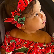 Brianna joined the competition — help win amazing prizes! baby, car_seat, child, closeup, clothing, colorful, cute, earring, expression, face, fashion, headband, indoors, looking_away, portrait, seat, summer, toddler, watermelon_pattern, young_child