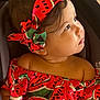baby, car_seat, child, closeup, clothing, colorful, cute, earring, expression, face, fashion, headband, indoors, looking_away, portrait, seat, summer, toddler, watermelon_pattern, young_child