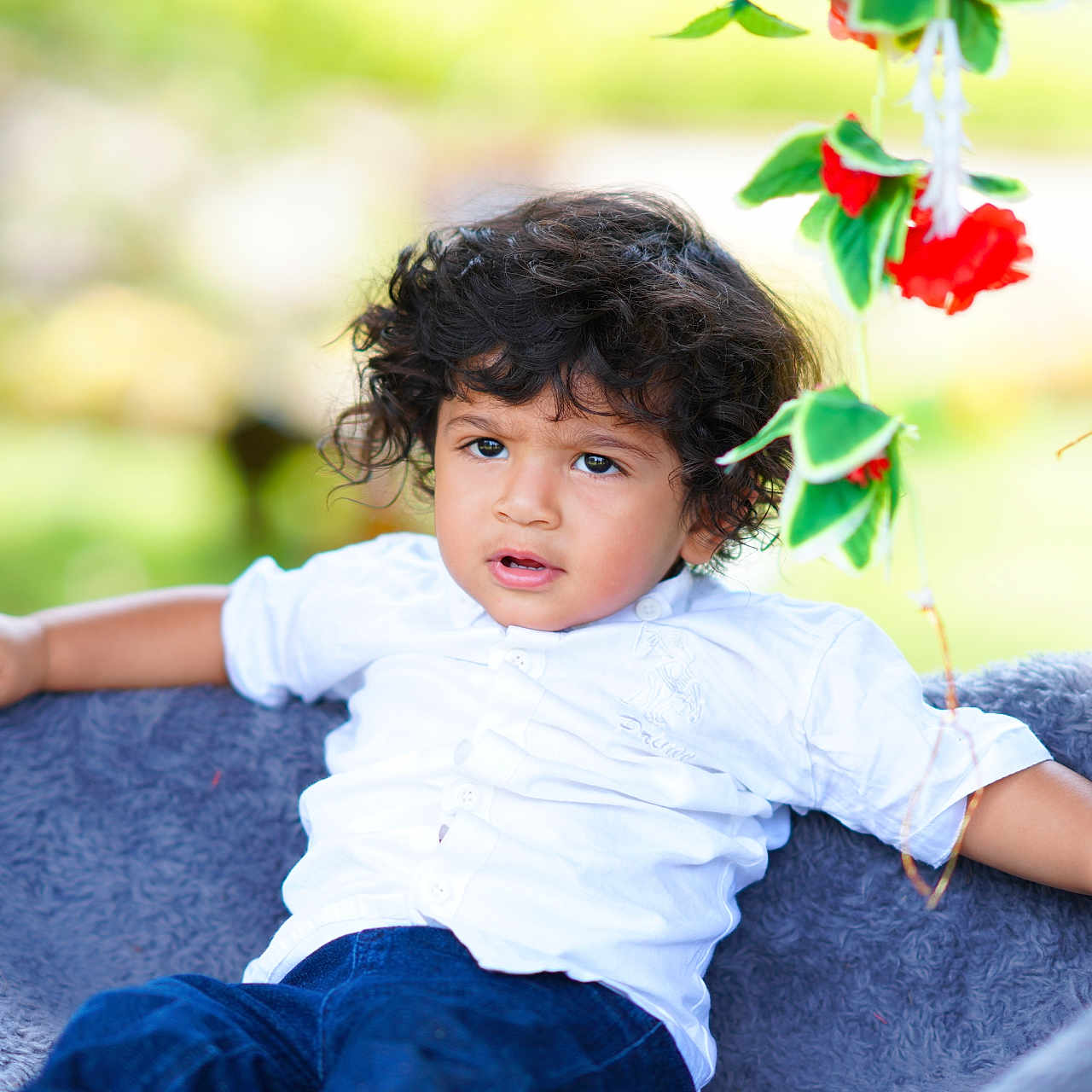 Rayansh is registered to the contest to win money with this photo: child, toddler, curly_hair, white_shirt, blue_pants, blanket, outdoor, greenery, flowers, red_flowers, relaxed, portrait, nature, cute, young_child, person, sitting, casual, daylight, expression