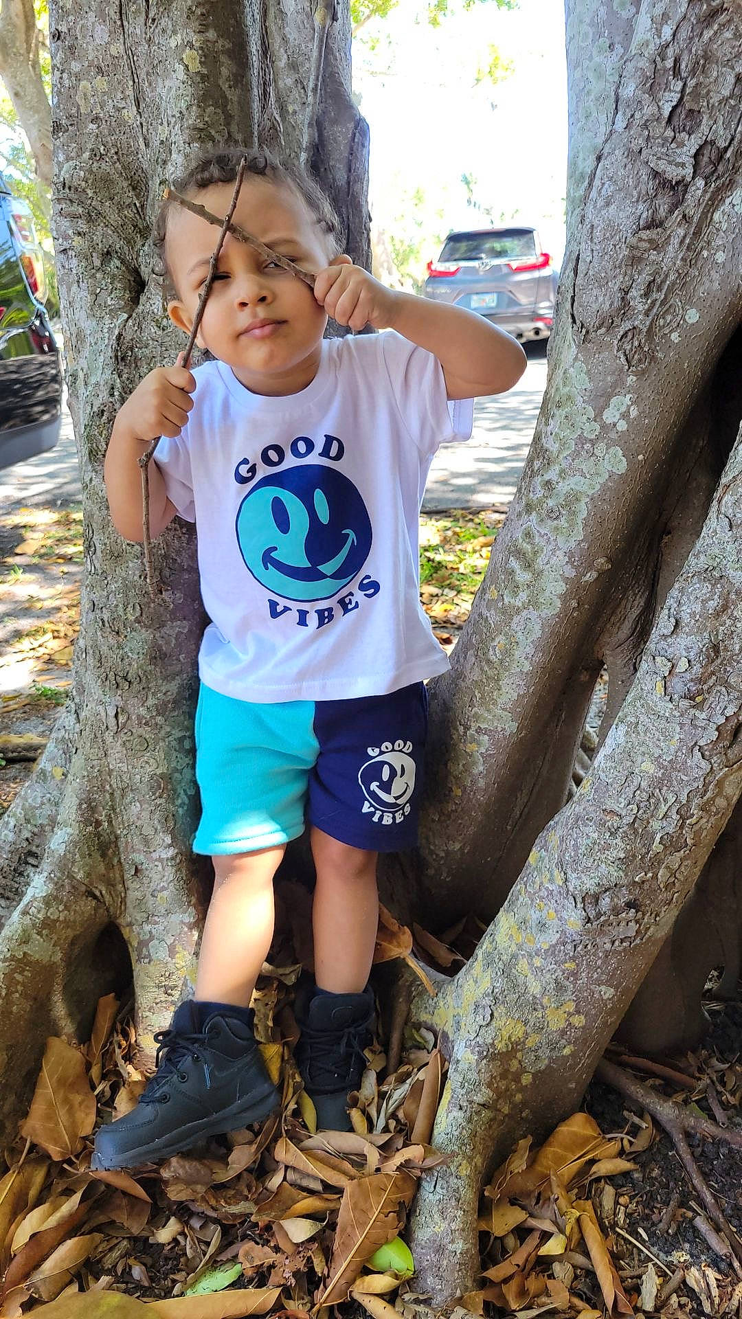 Kingston joined the competition — help win amazing prizes! branch, electric_blue, fun, grass, happy, human_leg, leaf, leg, leisure, nature, people_in_nature, person, plant, recreation, shorts, t_shirt, thigh, toddler, tree, trunk