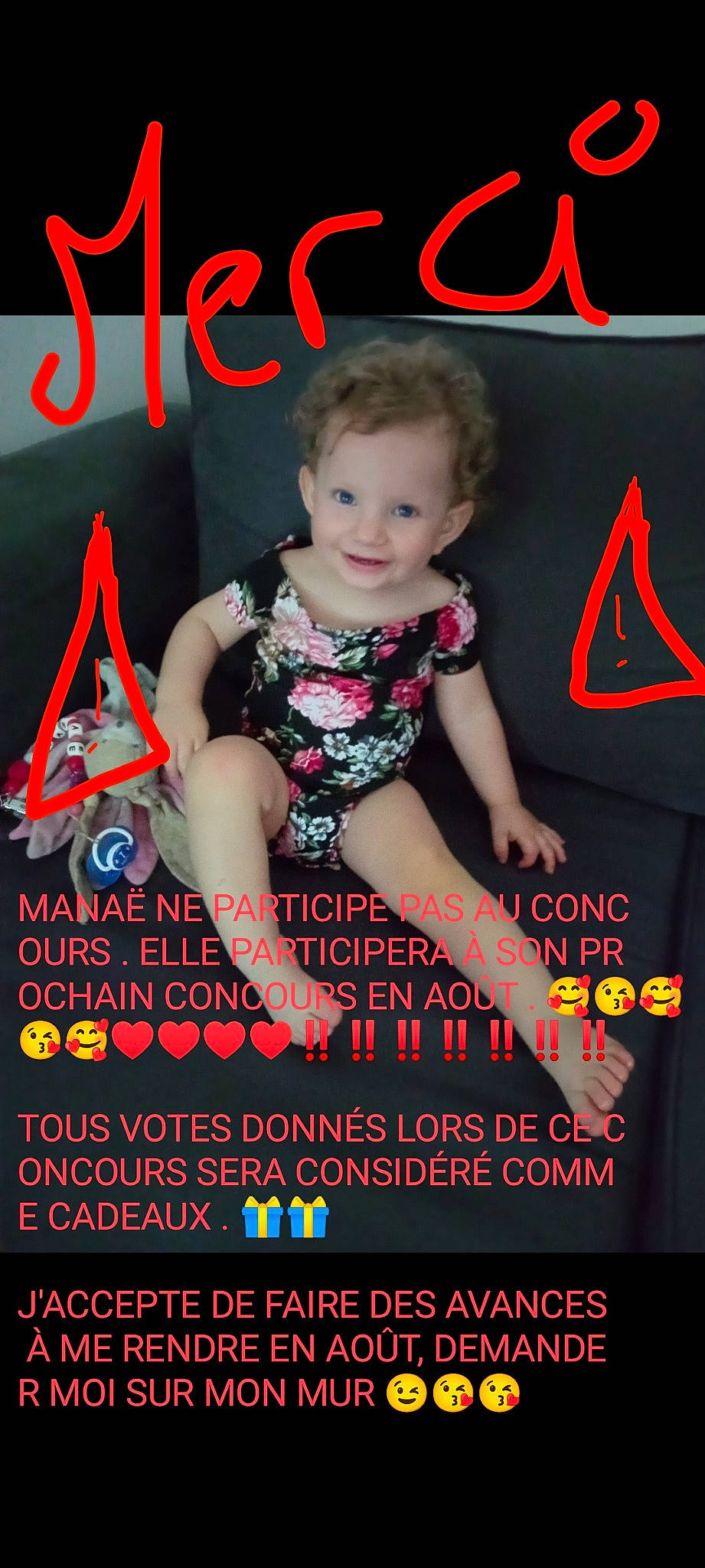 Manaë participe au concours pour gagner de l'argent avec cette photo : advertising, automotive_wheel_system, baby_toddler_clothing, child, event, flash_photography, font, graphic_design, graphics, happy, joy, logo, magazine, magenta, movie, person, photo_caption, poster, publication, red