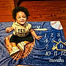 Legacy is registered to the contest to win money with this photo: baby, child, smiling, curly_hair, sitting, milestone_blanket, numbers, baseball_theme, wooden_floor, sneakers, clothing, indoors, cute, happy, portrait, one_person, toddler, flooring, text_on_blanket, celebration