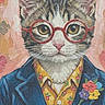 painting, cat, art, portrait, glasses, clothing, blazer, floral, flower, background, yellow, blue, red, pearls, illustration, animal, face, digital_photo, phone_screen, screen_capture
