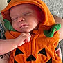 baby, infant, sleeping, costume, pumpkin, halloween, orange, hood, cute, child, face, hand, closed_eyes, soft, fabric, person, portrait, cute_outfit, holiday, festive