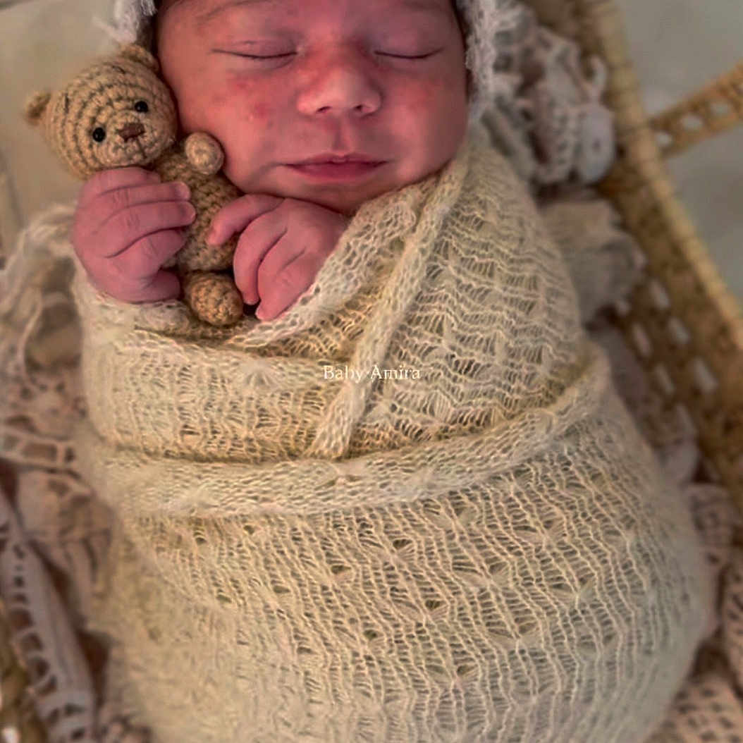 Amira joined the competition — help win amazing prizes! newborn, baby, swaddled, blanket, teddy_bear, basket, sleeping, lace, knit, cute, infant, cozy, portrait, resting, peaceful, soft_texture, handmade, wrapped, child, adorable