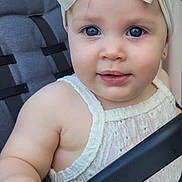 Valentina joined the competition — help win amazing prizes! baby, child, blue_eyes, bow, headwear, stroller, safety_bar, white_clothing, cute, infant, hand, face, portrait, outdoor, seatbelt, skin, expression, baby_fashion, close_up, adorable