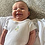 Anna joined the competition — help win amazing prizes! baby, smiling, infant, white_onesie, blanket, happy, face, skin, cute, chubby, child, lying_down, small_flower_print, hand, portrait, closeup, indoors, soft_texture, young, person