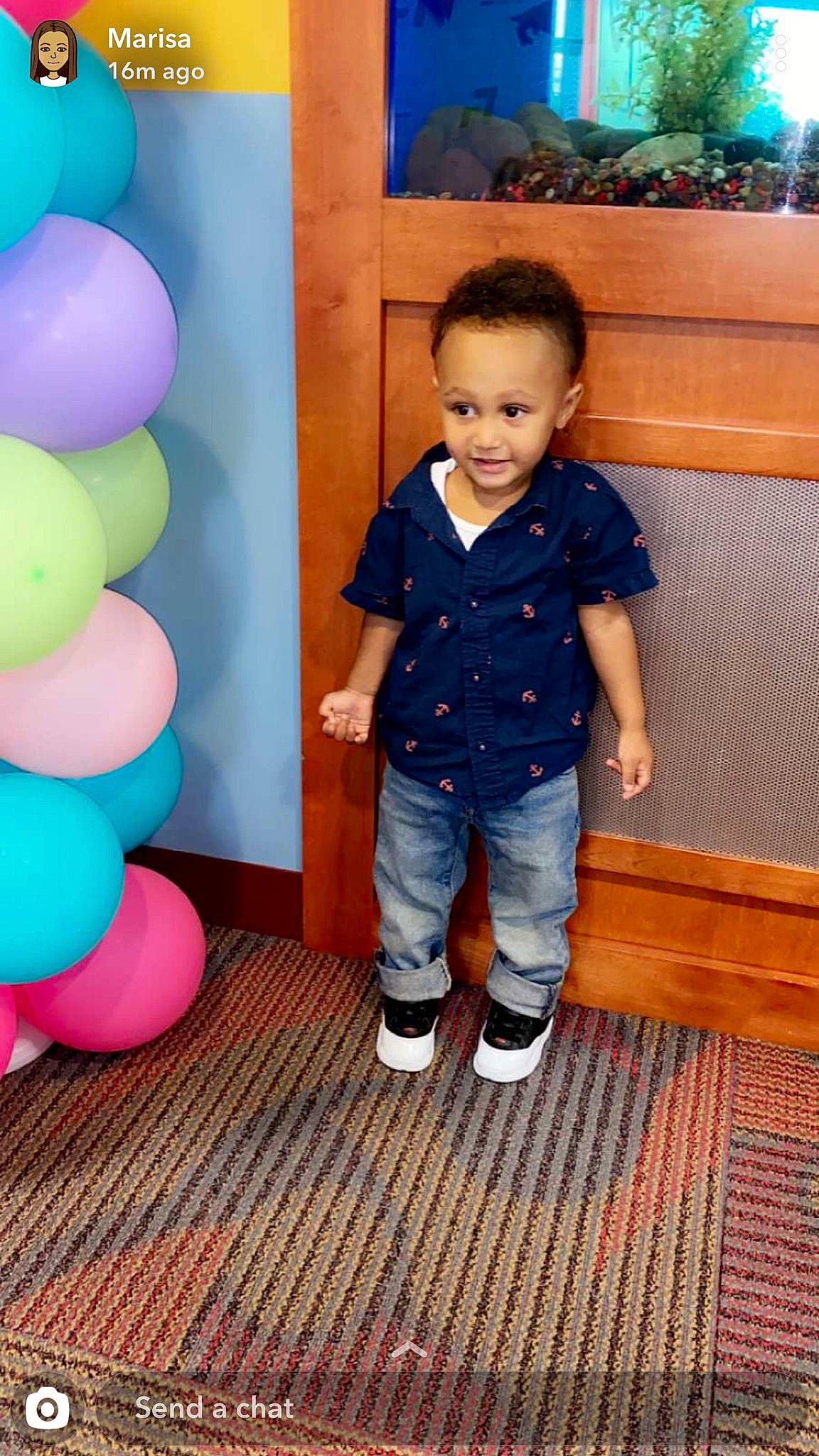 Milo is registered to the contest to win money with this photo: baby_toddler_clothing, balloon, blue, electric_blue, eye, face, fun, hair, happy, head, human_body, joy, leg, leisure, person, shoe, sleeve, smile, t_shirt, toddler