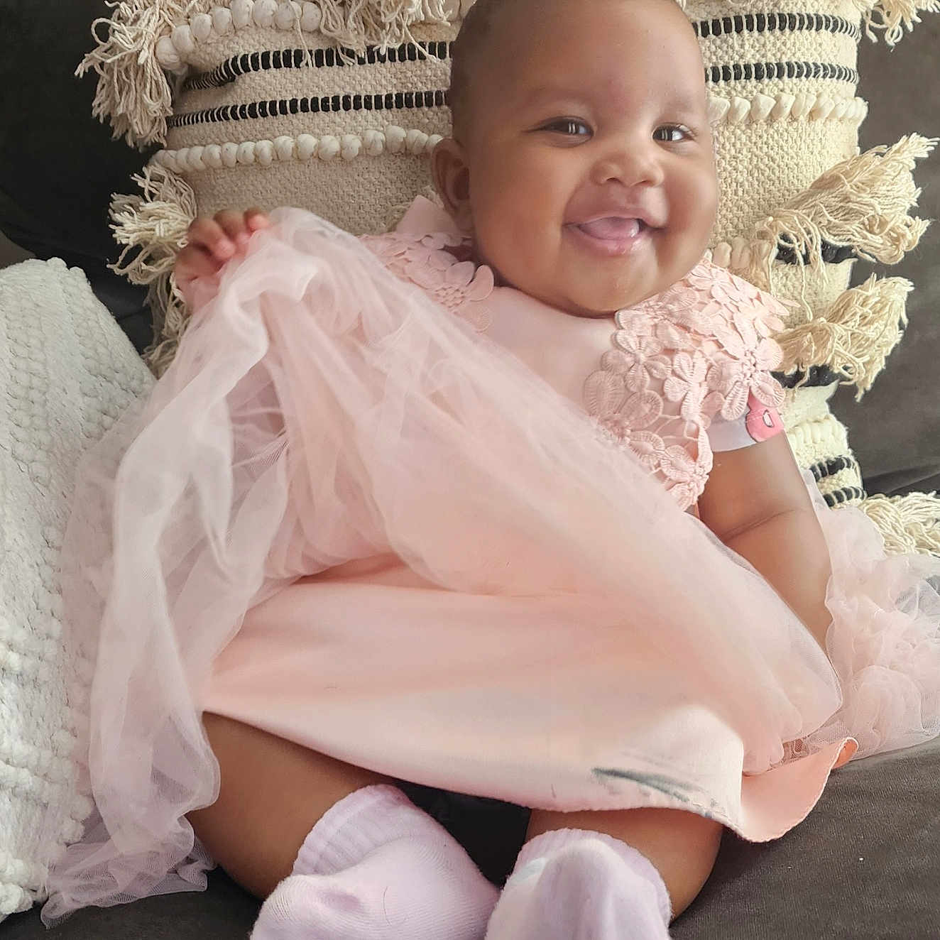 Helene Mulinka joined the competition — help win amazing prizes! baby, clothing, couch, cushion, dress, face, furniture, happy, head, homedecor, hosiery, laughing, newborn, person, photography, pillow, portrait, sitting, smile, sock