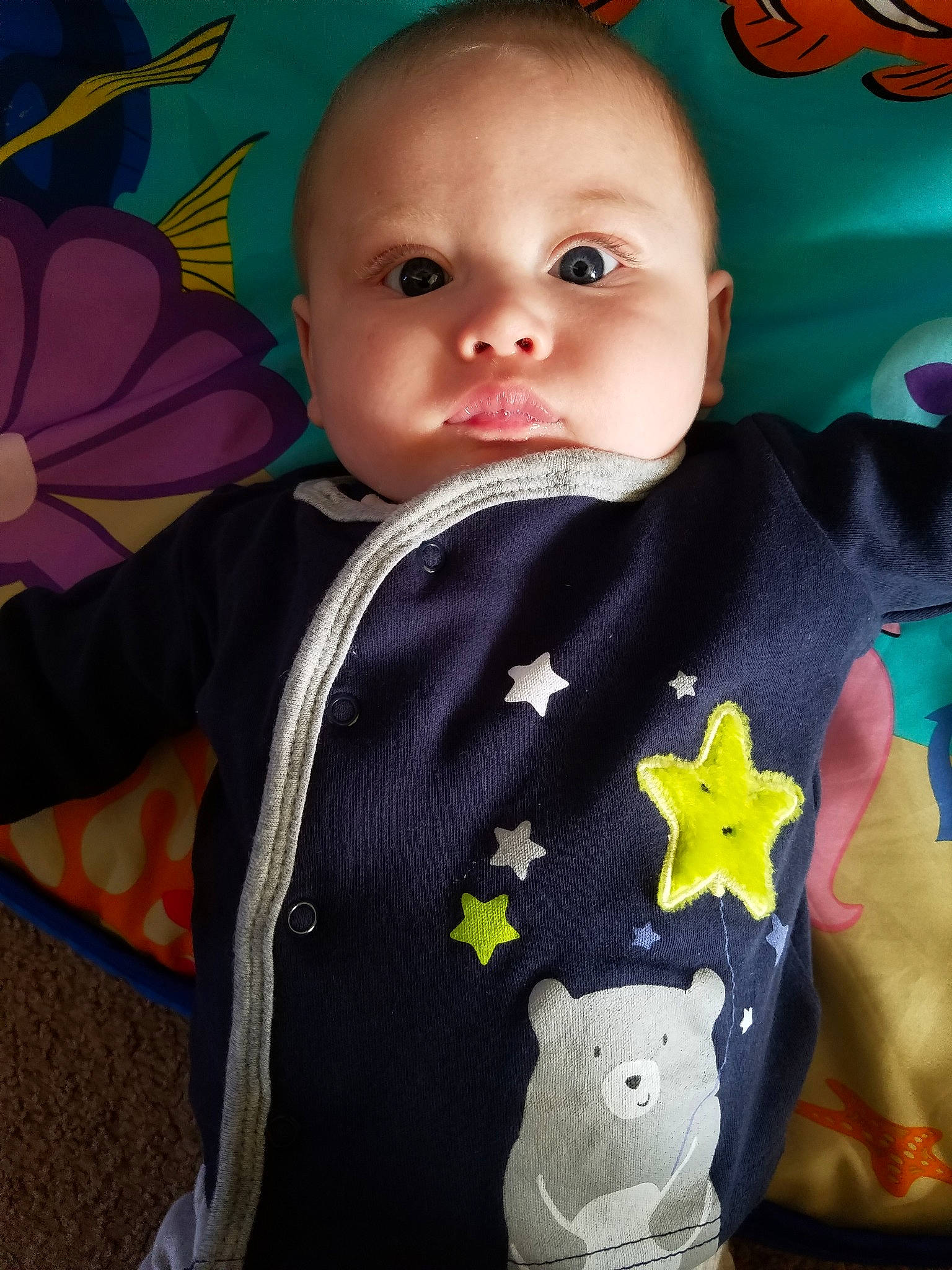 Finnegan joined the competition — help win amazing prizes! baby, cheek, child, eye, face, head, person, play, skin, smile, textile, toddler, toy