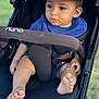 Enzo joined the competition — help win amazing prizes! toddler, child, stroller, blue_shirt, barefoot, outdoor, baby, seatbelt, padded_bar, curious, skin, foot, hand, face, expression, sunlight, grass, black_stroller, closeup, portrait