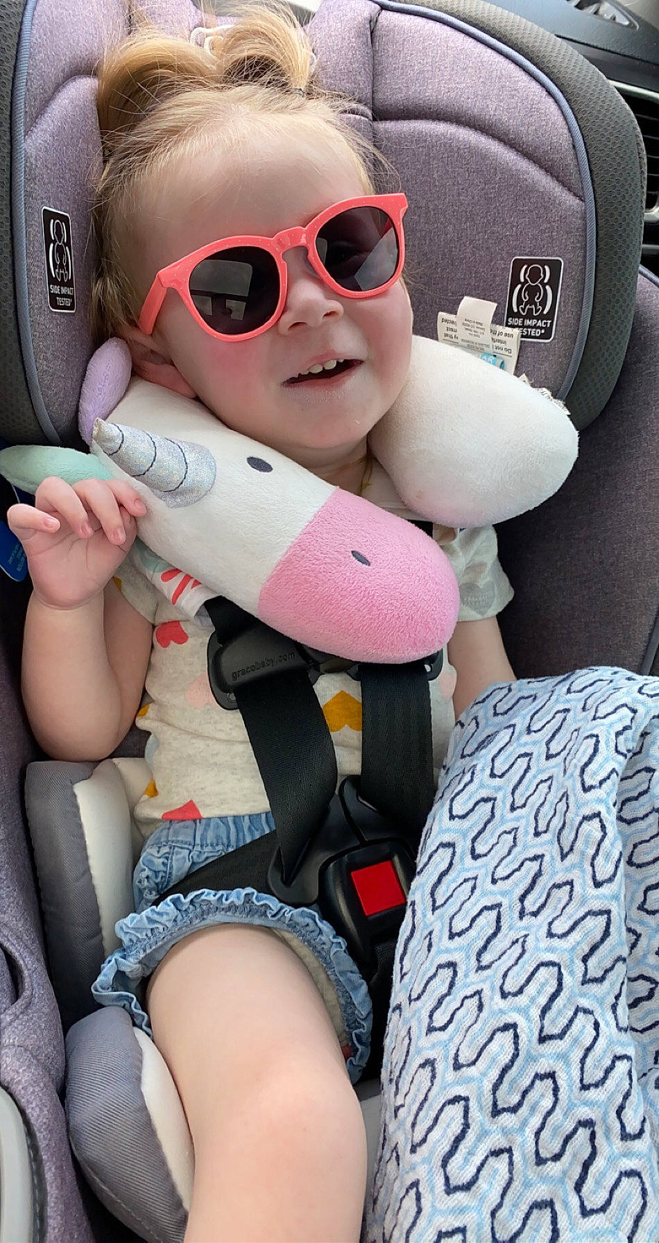 Mckinlee joined the competition — help win amazing prizes! automotive_design, baby_carriage, baby_in_car_seat, car_seat, car_seat_cover, comfort, eyewear, gesture, glasses, goggles, head_restraint, motor_vehicle, person, pink, product, seat_belt, skin, steering_wheel, sunglasses, vision_care