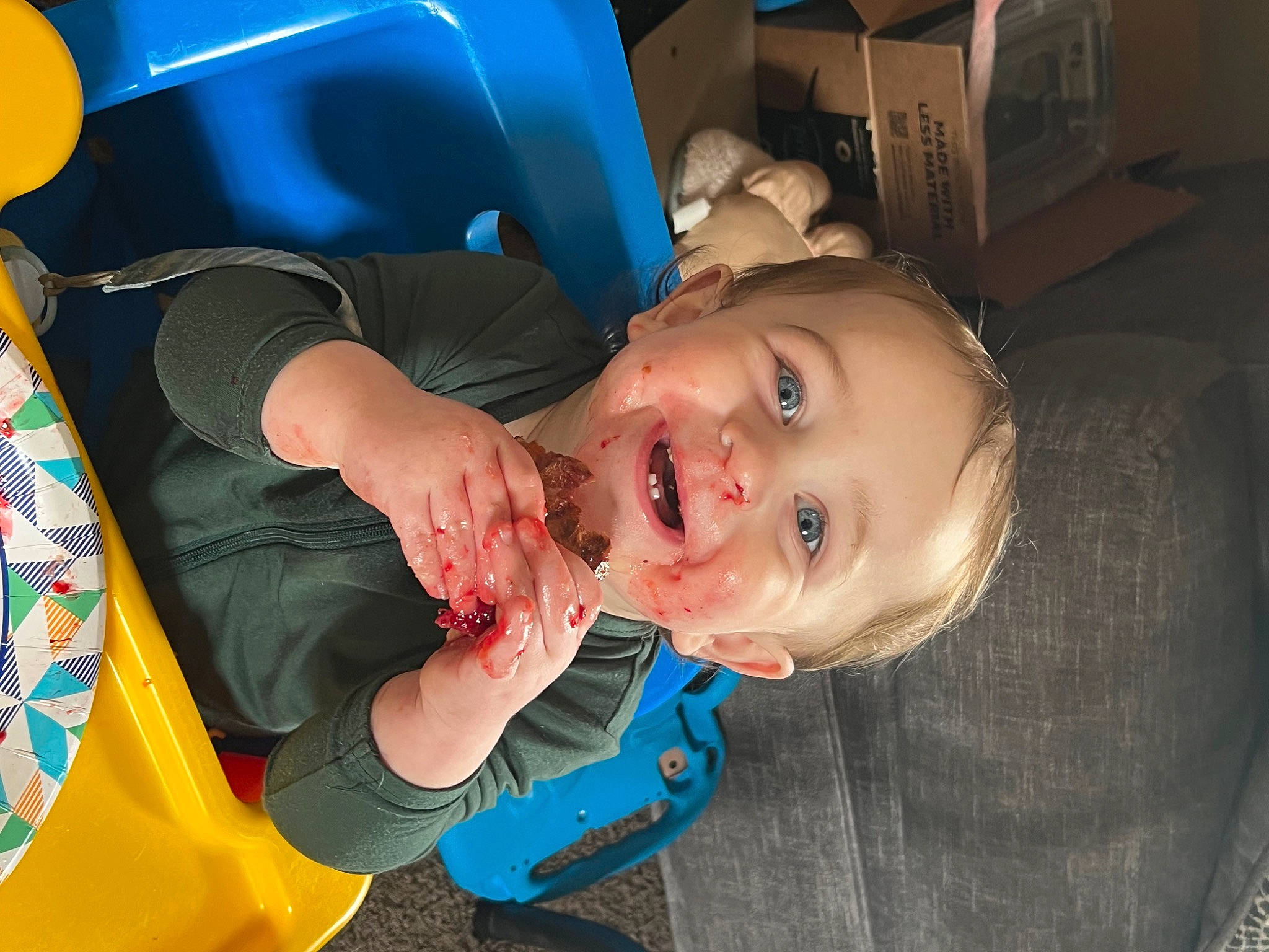 Oliver joined the competition — help win amazing prizes! baby, baby_products, baby_toddler_clothing, blue, cheek, child, electric_blue, finger, fun, happy, human_body, leisure, mouth, nose, person, room, sitting, smile, toddler, vacation