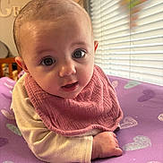 Grey joined the competition — help win amazing prizes! baby, infant, pink_bib, purple_blanket, heart_pattern, indoor, window_blinds, natural_light, curious_expression, close_up, face, child, young_child, soft_lighting, fall_decor, wooden_furniture, warm_colors, cozy, portrait, crawling_position